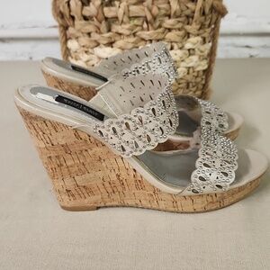 White House Black Market Women's Silver Sandals SIZE 9 Leather Wedge